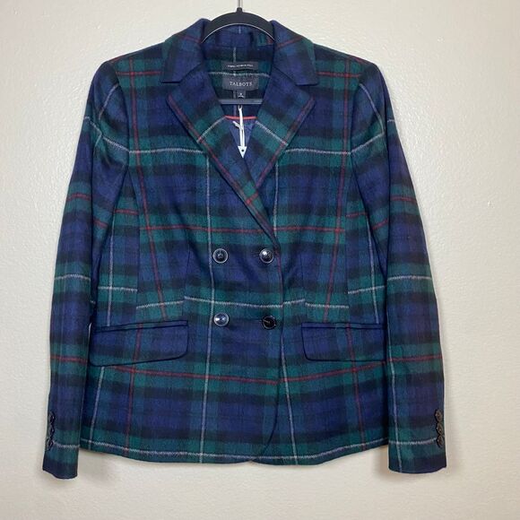Talbots Womens Italian Wool Plaid Double Breasted Blazer Navy Green Tartan Sz 8 - Picture 2 of 10